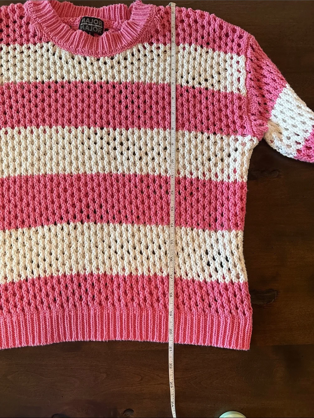 Major Label Group  Pink & White Open-Weave Stripe Crewneck Sweater Size L